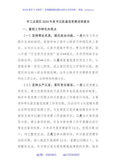 市工业园区2024年度书记抓基层党建述职报告