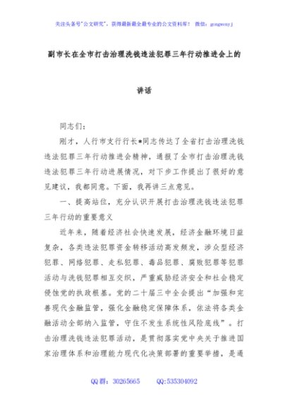 副市长在全市打击治理洗钱违法犯罪三年行动推进会上的讲话