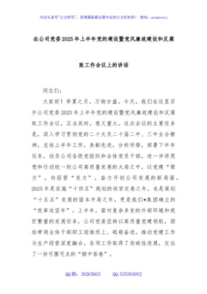 在公司党委2025年上半年党的建设暨党风廉政建设和反腐败工作会议上的讲话