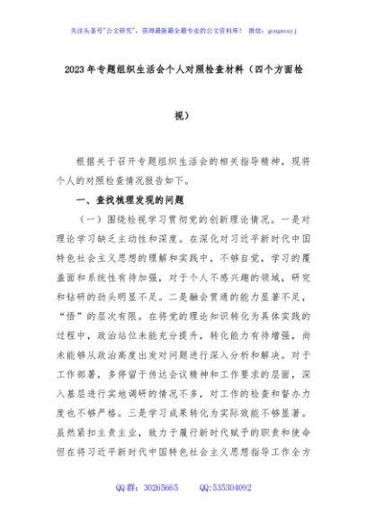 2023年专题组织生活会个人对照检查材料（四个方面检视）