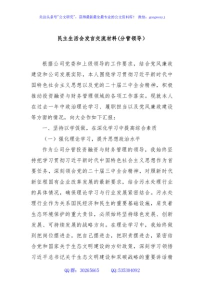 民主生活会发言交流材料(分管领导）