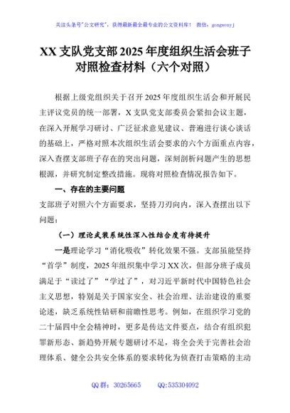 XX支队党支部2025年度组织生活会班子对照检查材料（六个对照）