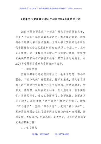 X县某中心党组理论学习中心组2025年度学习计划