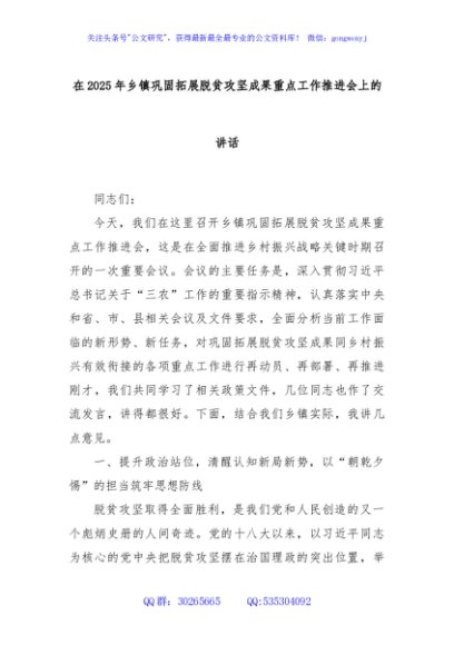 在2025年乡镇巩固拓展脱贫攻坚成果重点工作推进会上的讲话