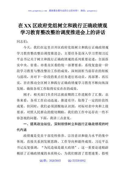 在XX区政府党组树立和践行正确政绩观学习教育整改整治调度推进会上的讲话