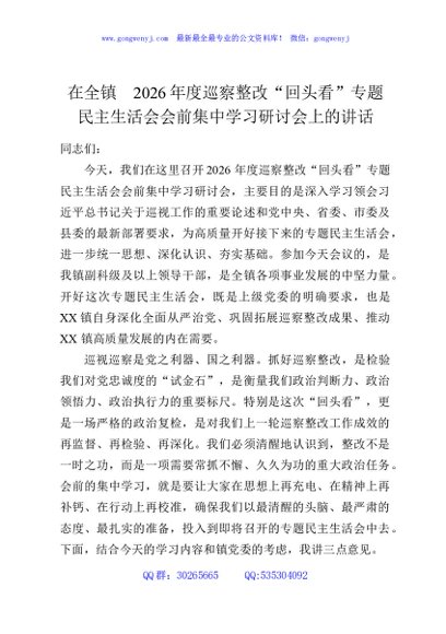 在全镇2026年度巡察整改“回头看”专题民主生活会会前集中学习研讨会上的讲话