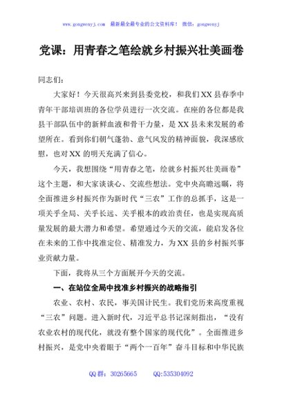 党课：用青春之笔绘就乡村振兴壮美画卷