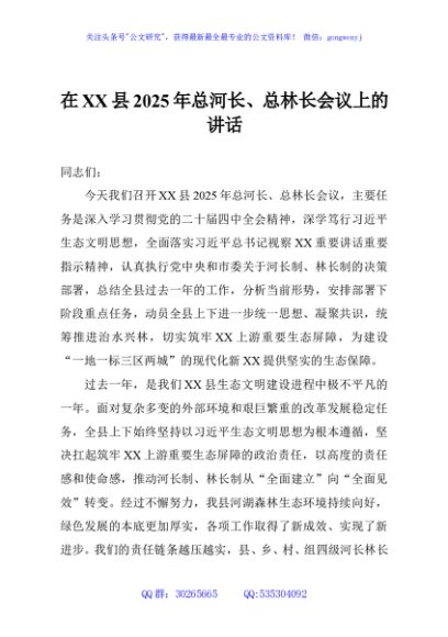 在XX县2025年总河长、总林长会议上的讲话