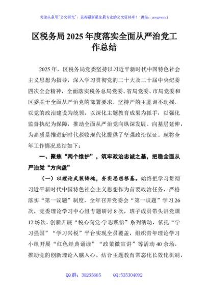 区税务局2025年度落实全面从严治党工作总结