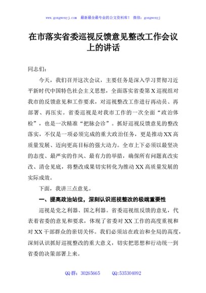 在市落实省委巡视反馈意见整改工作会议上的讲话