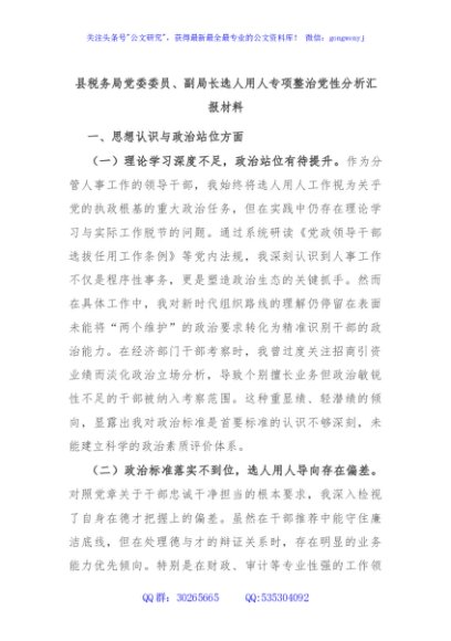 县税务局党委委员、副局长选人用人专项整治党性分析汇报材料