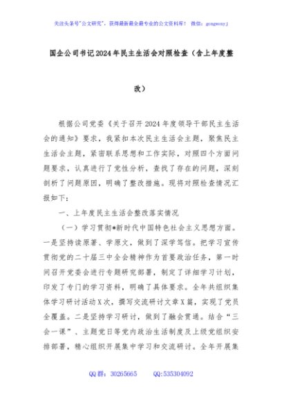 国企公司书记2024年民主生活会对照检查（含上年度整改）