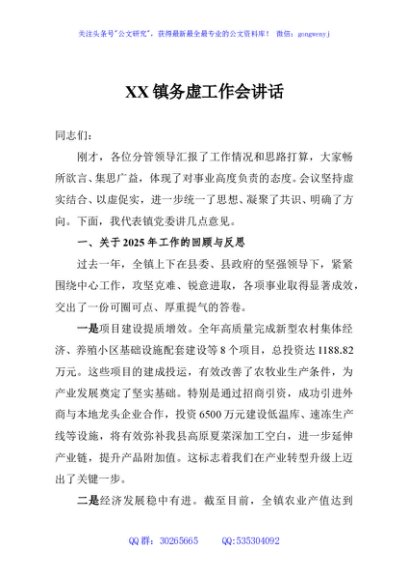 XX镇务虚工作会讲话