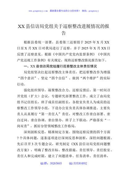 XX县信访局党组关于巡察整改进展情况的报告