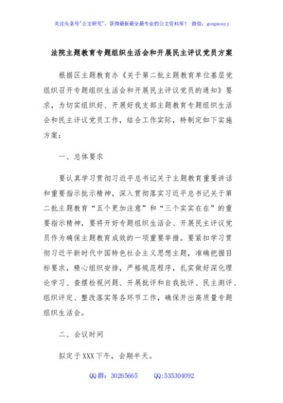 法院主题教育专题组织生活会和开展民主评议党员方案