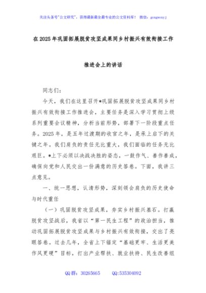 在2025年巩固拓展脱贫攻坚成果同乡村振兴有效衔接工作推进会上的讲话