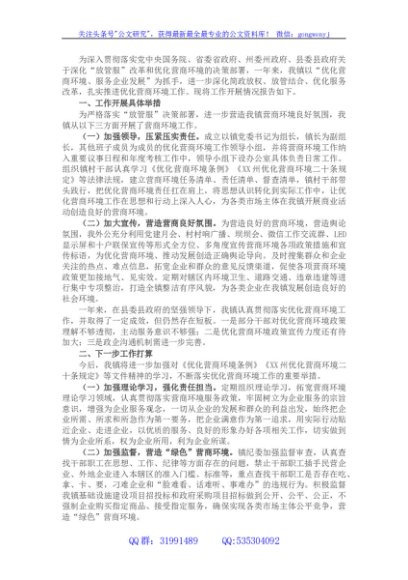 镇人民政府关于优化营商环境工作情况的报告