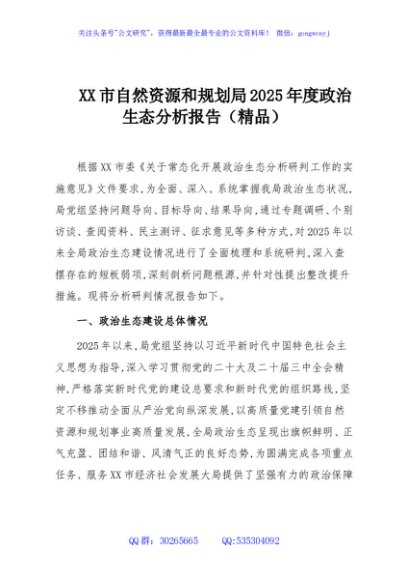 XX市自然资源和规划局2025年度政治生态分析报告（精品）