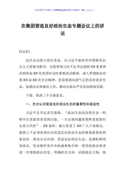 在集团营造良好政治生态专题会议上的讲话