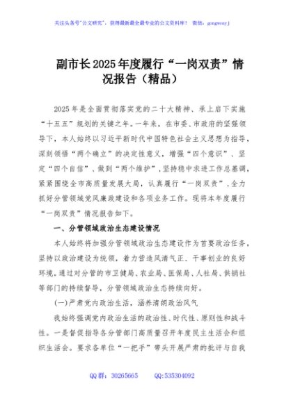 副市长2025年度履行“一岗双责”情况报告（精品）