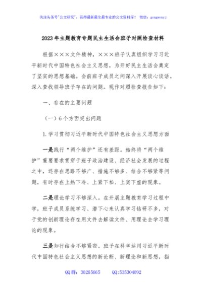 2023年主题教育专题民主生活会班子对照检查材料