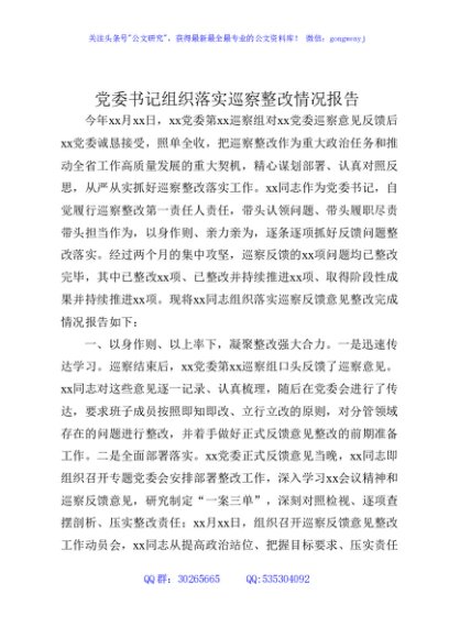 党委书记组织落实巡察整改情况报告2900字11.28