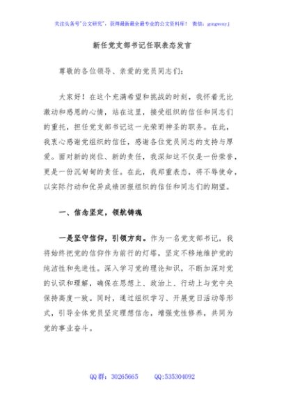 新任党支部书记任职表态发言