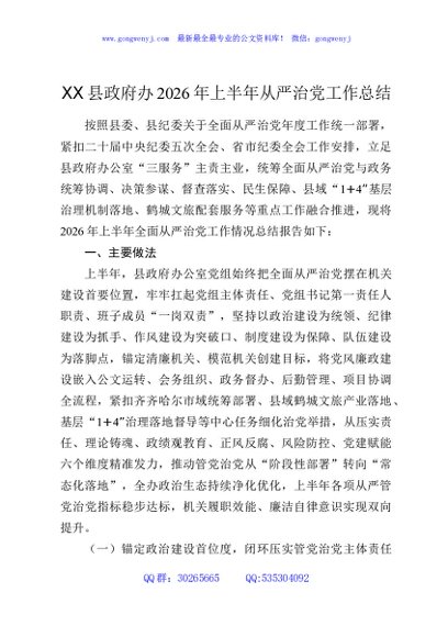 XX县政府办2026年上半年从严治党工作总结