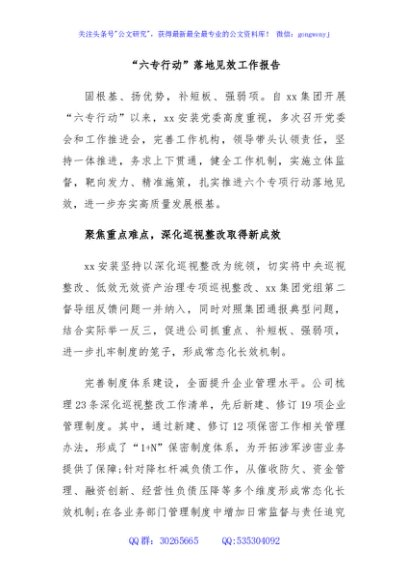 “六专行动”落地见效工作报告