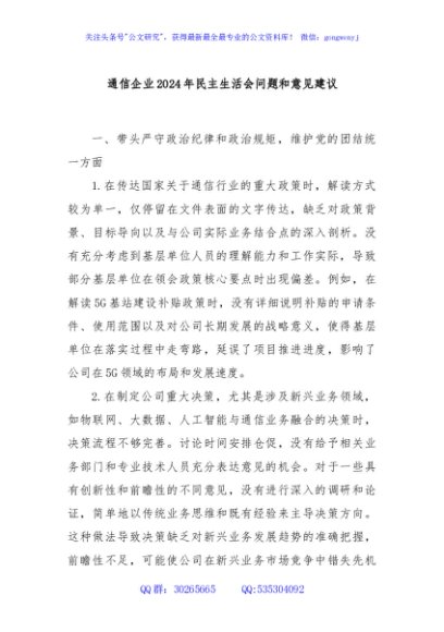 通信企业2024年民主生活会问题和意见建议