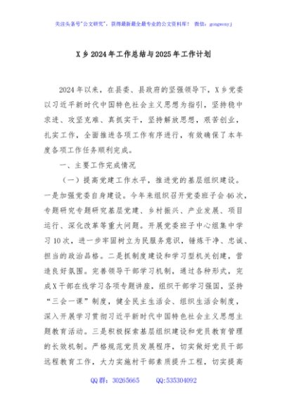 X乡2024年工作总结与2025年工作计划