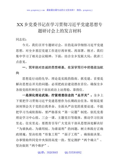 XX乡党委书记在学习贯彻习近平党建思想专题研讨会上的发言材料