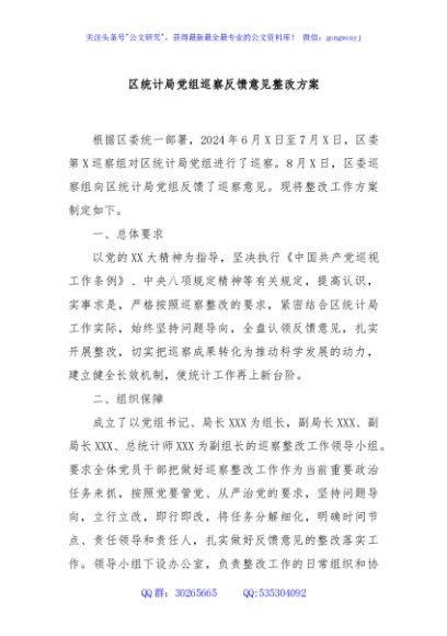 区统计局党组巡察反馈意见整改方案