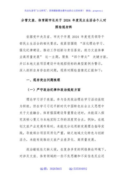 分管文旅、体育副市长关于 2024 年度民主生活会个人对照检视材料