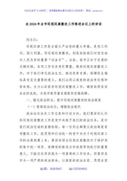 在2024年全市巡视巡察整改工作推进会议上的讲话