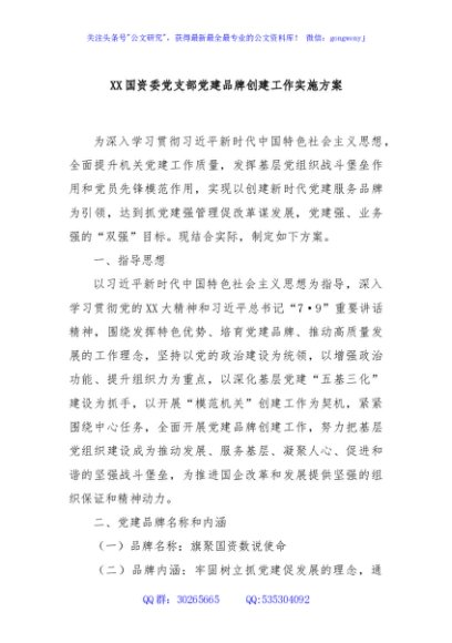 XX国资委党支部党建品牌创建工作实施方案