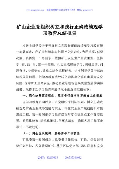 矿山企业党组织树立和践行正确政绩观学习教育总结报告