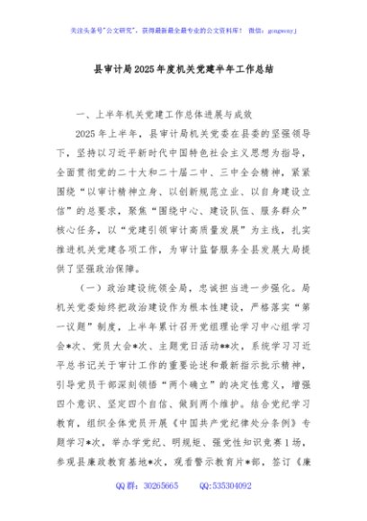 县审计局2025年度机关党建半年工作总结