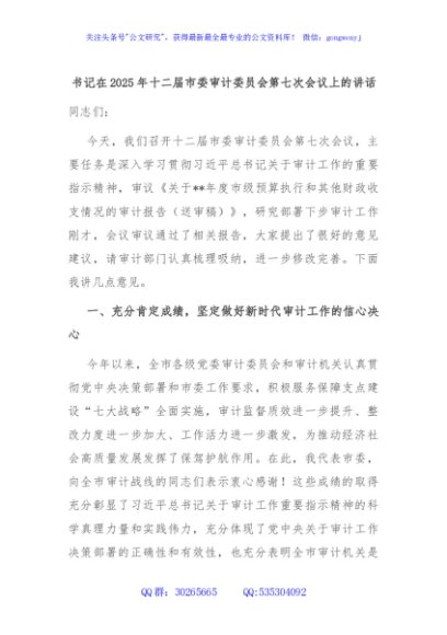 书记在2025年十二届市委审计委员会第七次会议上的讲话