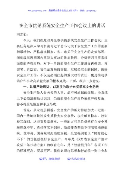 在全市供销系统安全生产工作会议上的讲话