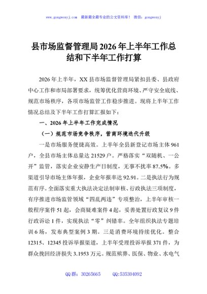县市场监督管理局2026年上半年工作总结和下半年工作打算