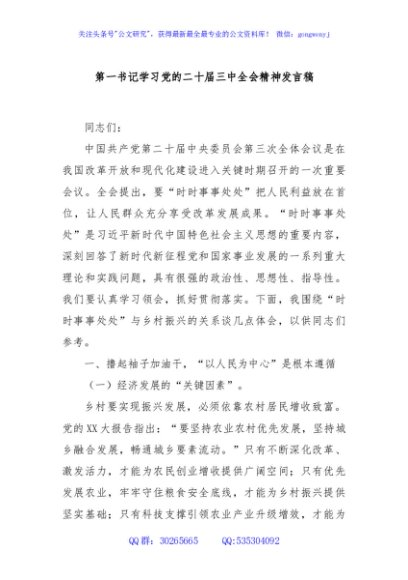 第一书记学习党的二十届三中全会精神发言稿