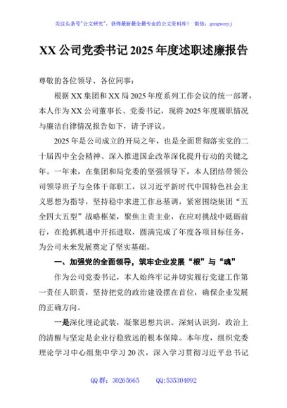 XX公司党委书记2025年度述职述廉报告