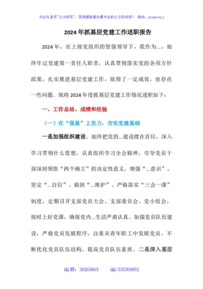 2024年抓基层党建工作述职报告2