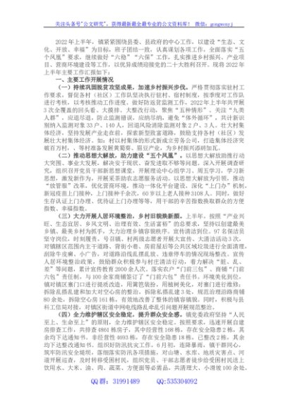 镇2022年上半年工作总结及下半年工作计划