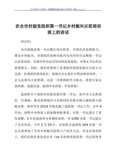 在全市村级党组织第一书记乡村振兴示范培训班上的讲话
