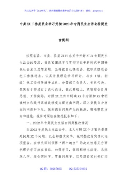中共XX工作委员会学习贯彻2023年专题民主生活会检视发言提纲