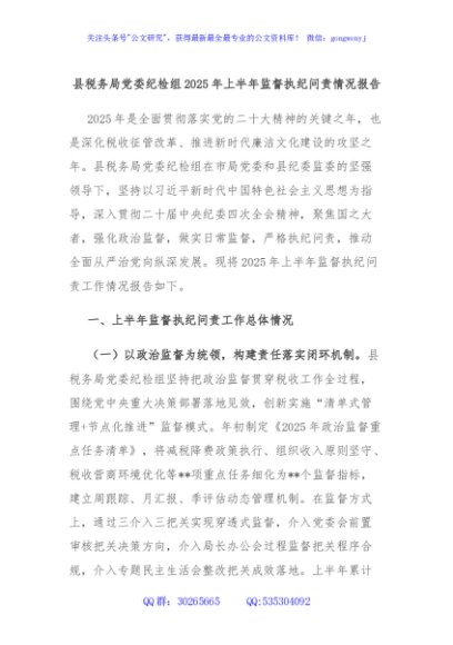 县税务局党委纪检组2025年上半年监督执纪问责情况报告