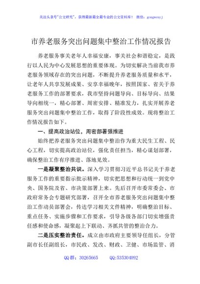 市养老服务突出问题集中整治工作情况报告