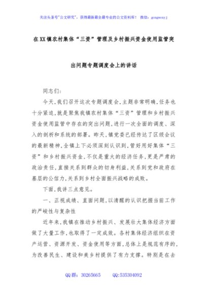 在XX镇农村集体“三资”管理及乡村振兴资金使用监管突出问题专题调度会上的讲话